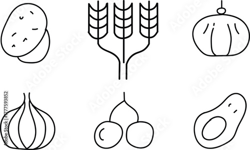 Simple line art icons of fruits vegetables and grains for healthy lifestyle design