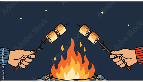 Two people roasting marshmallows over a campfire at night