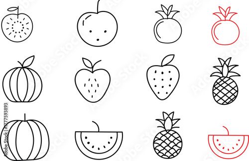 Fruit illustration collection featuring apples strawberries watermelons and pineapples art