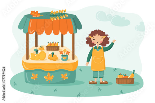 Local food market stall with fruits and vegetables and cute farmer girl. Organic farm products on counter for sale. Autumn outdoor fair. Flat vector illustration in cartoon style.