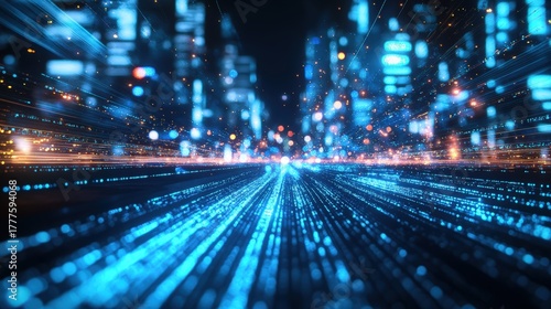 A futuristic city scene with vibrant blue lights and dynamic motion effects, conveying a sense of speed and technology.