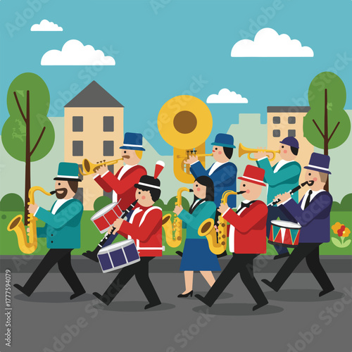 Marching band cartoon suitable for music event promotions, childrens books, and educational materials, adding vibrancy and whimsy to projects.