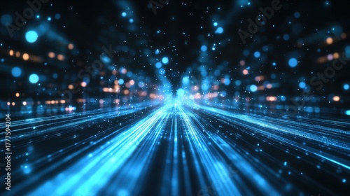 A mesmerizing visual of blue light beams and particles, creating a sense of depth and movement in a digital space.