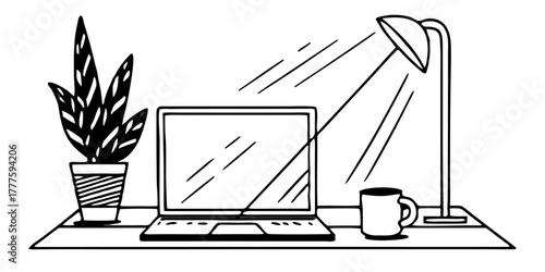 Modern Workspace Setup with Laptop, Coffee Cup, and Indoor Plant — Minimal Aesthetic — Background Remove