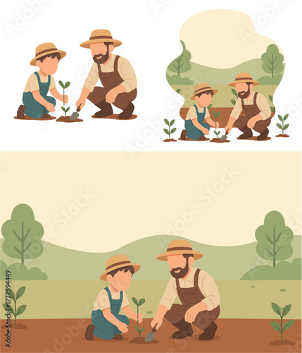 Boy Learning to Plant with Farmer in Garden – Modern Flat Design Illustration