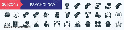 Psychology icon collection set with favorite location, thought, think, charity, care, confused