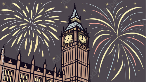 Big ben with fireworks display celebrating an event in the night sky with building below it