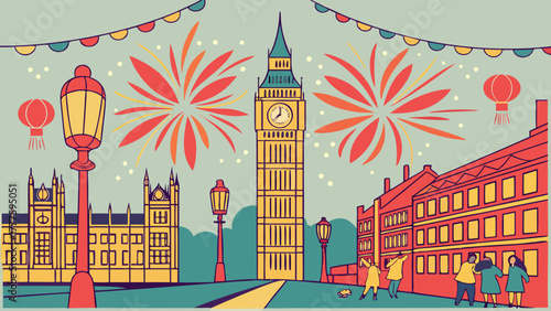 Illustration of big ben with fireworks and lanterns in a festive london cityscape scene with people