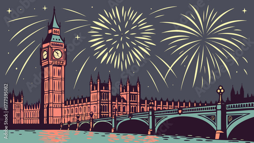 Big ben and houses of parliament with fireworks display over the thames river at night time scene