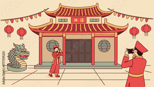 People at a chinese temple with lanterns and a dragon statue taking photos of each other in red clothing