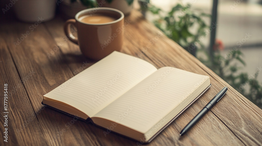 Fototapeta premium Open notebook with pen and coffee cup on wooden table 