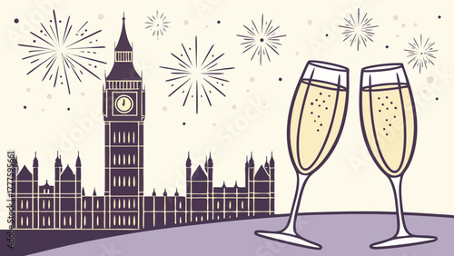 Illustration of london skyline with big ben fireworks and champagne glasses celebrating new year eve party
