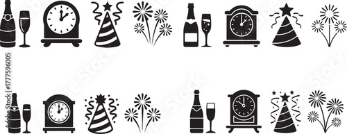New year s eve celebration elements including champagne bottles glasses clocks party hats and fireworks in a repeating pattern