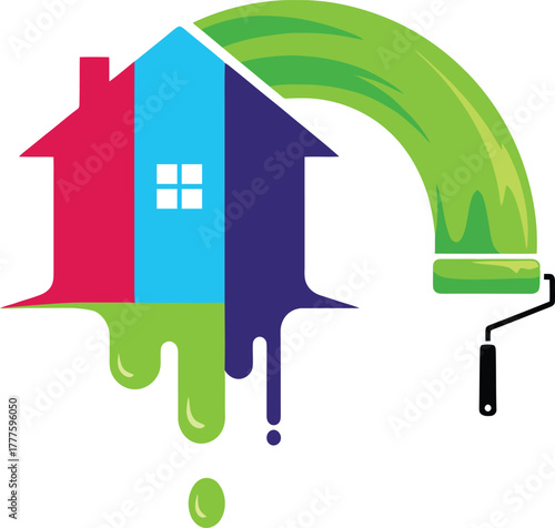 House painting concept with colorful paint roller and dripping paint