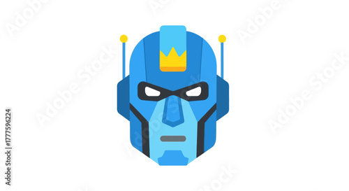 Blue Robot Head with Antennae and Crown Illustration.