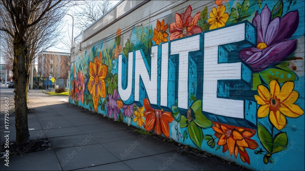 Fototapeta premium Vibrant flower mural with the word 'UNITE' on urban wall in sunny city street