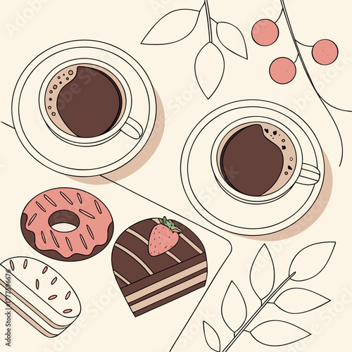 Cups of coffee and assorted sweets on light background, top view