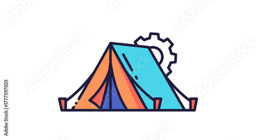 Colorful Camping Tent with Gear Icon Representing Outdoor Adventure Settings.