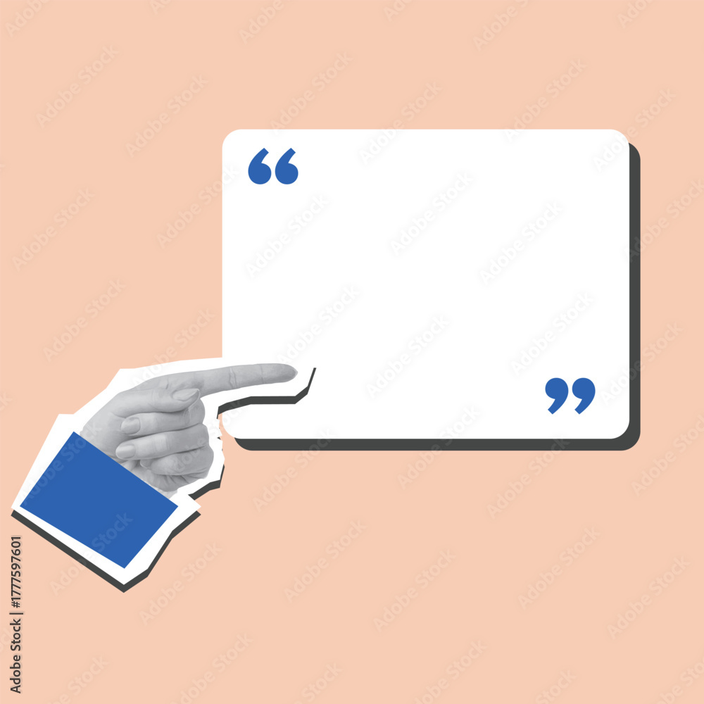 Naklejka premium Minimal cutout collage design with hand pointing toward blank white quote box on beige background, modern creative layout for text, social media, or graphic design use