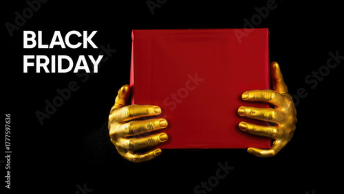 Bold Black Friday retail visual with metallic gold hands presenting square red box, minimalist black background, large white branding for promotional campaign