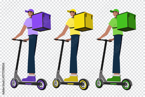 Online delivery service. Man on an electric scooter with a backpack on his back. Flat cartoon vector illustration on isolated background