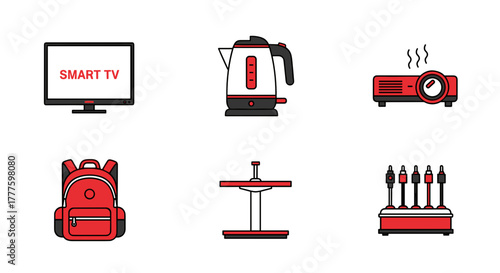 Collection of Cyber Monday themed icons, including Smart TV, Electric Kettle, Projector, Backpack, Monitor Stand, Cable Organizer