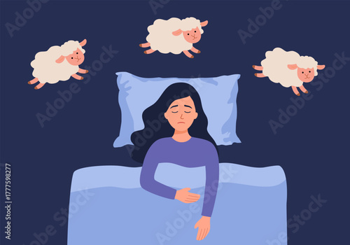 Little Girl Counting Sheep for Better Sleep Vector Illustration. Unhappy child feeling sleepy and fatigued
