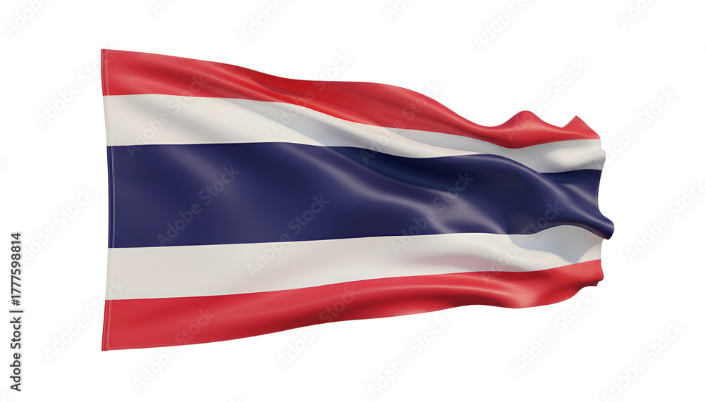 Naklejka premium Thailand's Flag in the Wind: A vibrant display of the national flag, its stripes billowing in the breeze, symbolizing the nation's identity and pride.
