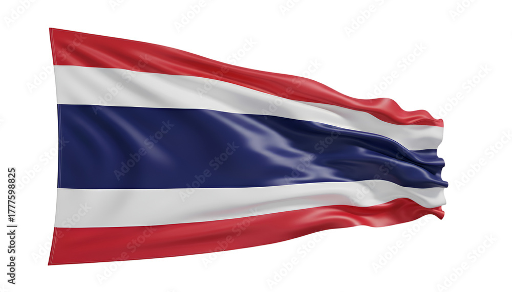 Naklejka premium Thai Flag in Motion: The national flag of Thailand billows gracefully in the breeze, showcasing its vibrant colors and symbolic design, a symbol of national identity and pride.