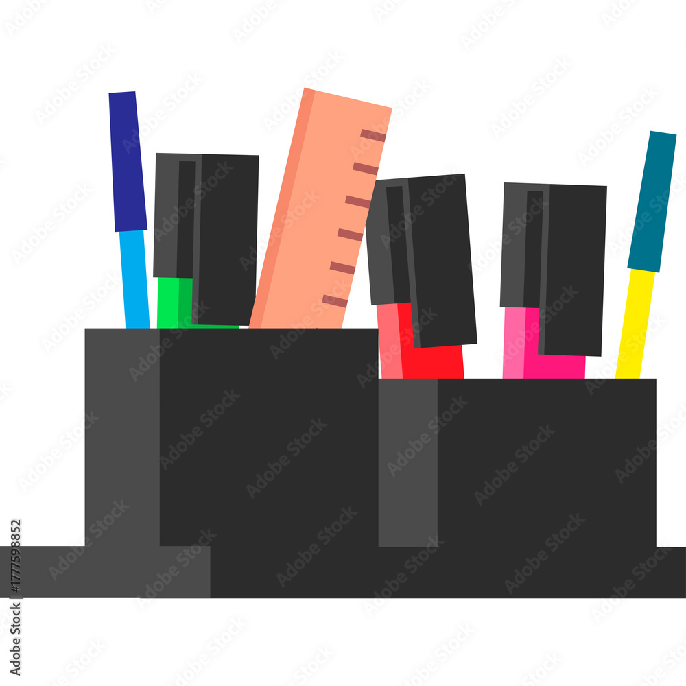 Obraz premium Desk organizer with pens ruler and markers on white background for office or school supplies
