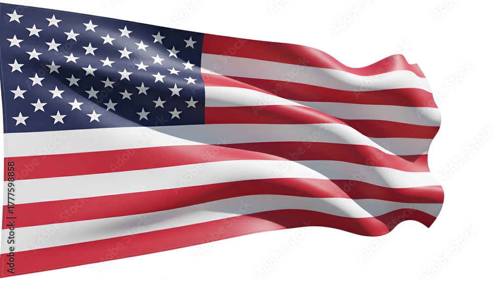Obraz premium United States Flag in Gentle Breeze: The iconic American flag billows gracefully, its stars and stripes a vibrant symbol of freedom and national pride. The flag dances in the wind. 