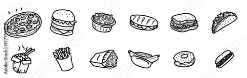Collection of Different Types of Food. Different types of bakery products hand drawn. Delicious pastries in doodle style. Bakery or bakery menu. Vector illustration.