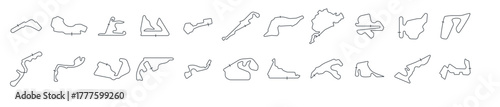 Collection of racing flags, checkered flags, and race tracks. Icon pit lane set paddock racing vector stage curve turn asphalt barriers, Vector illustration.