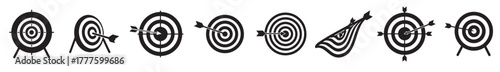 A black and white vector illustration of a target with an arrow in the centre. Professional business icons target with arrow modern flat design clean, vector illustration.