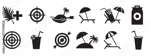 Summer beach silhouette icon set solid style ocean, vacation, and relaxation symbols for holiday planning: sun, palm tree, umbrella, surfboard, wave, coconut, sandcastle, vector illustration.