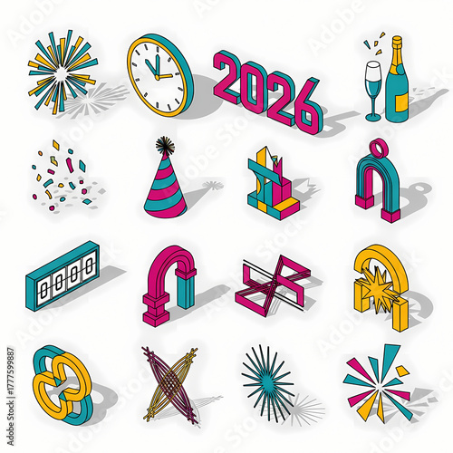 Isometric New Year 2026 Celebration Icons Set Festive Party Elements.