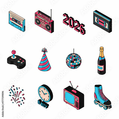 Isometric New Year 2026 Celebration Icons: Retro Party Elements and Festive Design.