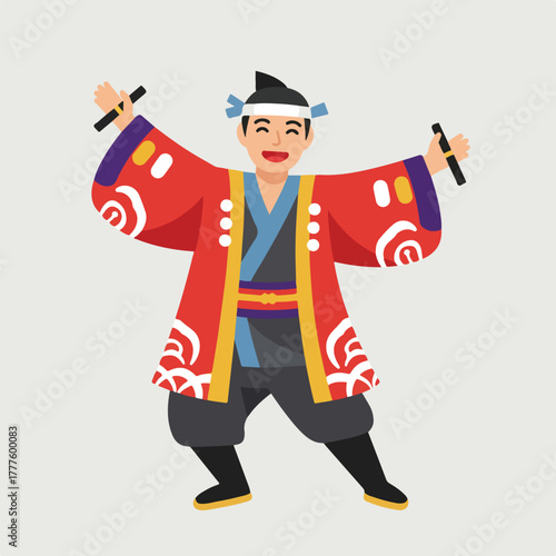 Smiling man dances in traditional japanese kimono with sticks. Perfect for cultural events, dance performances, asian traditions, and festive celebrations.