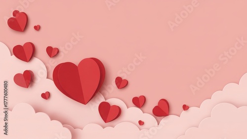 Lovely valentines day background with paper hearts and clouds on pink background for banner design