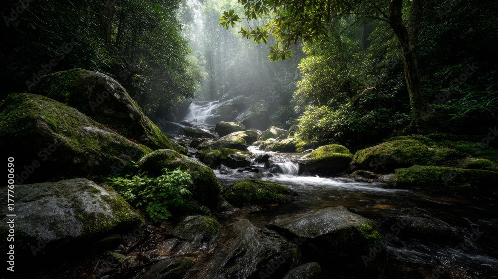 Obraz premium Serene forest stream with sunlit canopy. AI image