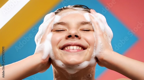 Happy Boy Washing Hair with Soap, Smiling, Enjoying Shower.