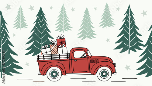 Red truck carrying christmas gifts through a forest of evergreen trees and falling christmas stars