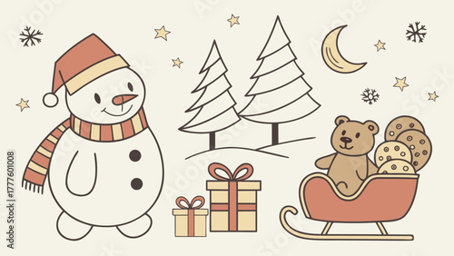 A winter scene with a snowman, christmas trees, gifts, teddy bear in a sleigh and other elements