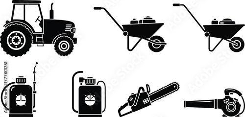 Agriculture machinery, farming equipment silhouette vector illustration icon set