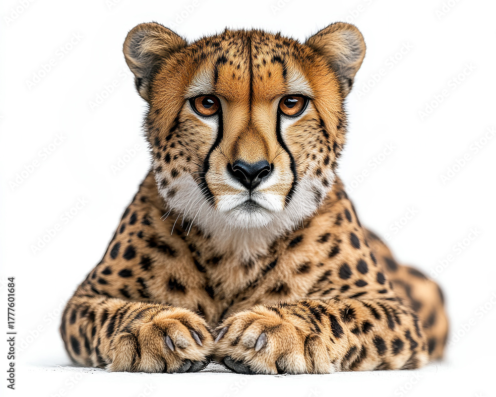 Obraz premium Hyperrealistic Portrait of a Cheetah with Detailed Fur Patterns Isolated on White Background