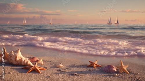 Serene beach sunset with starfish and sailboats. AI image