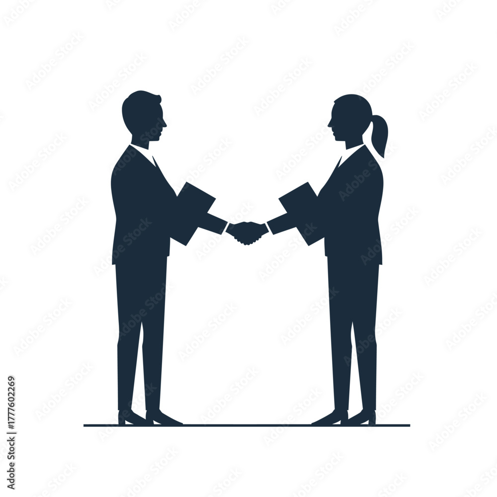 Fototapeta premium Business partnership handshake, silhouette illustration of two people closing a deal with a handshake