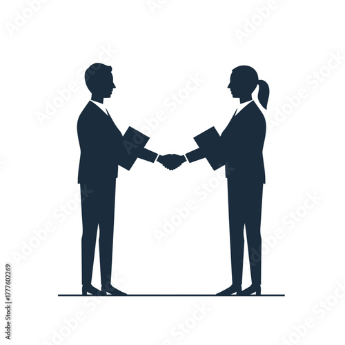 Business partnership handshake, silhouette illustration of two people closing a deal with a handshake