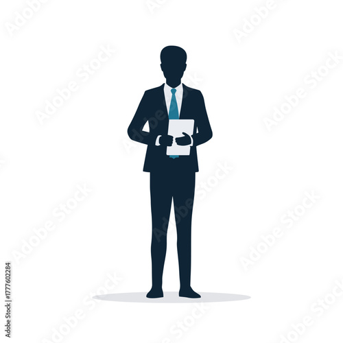 Silhouette of a businessman in a suit holding a document, symbolizing corporate success and professional achievements