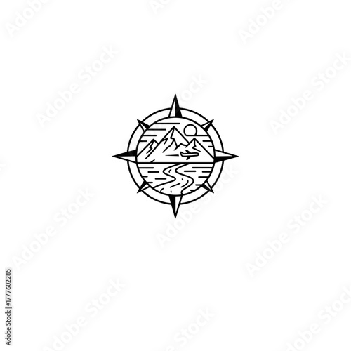 Compass logo featuring mountains and river in minimalist style  